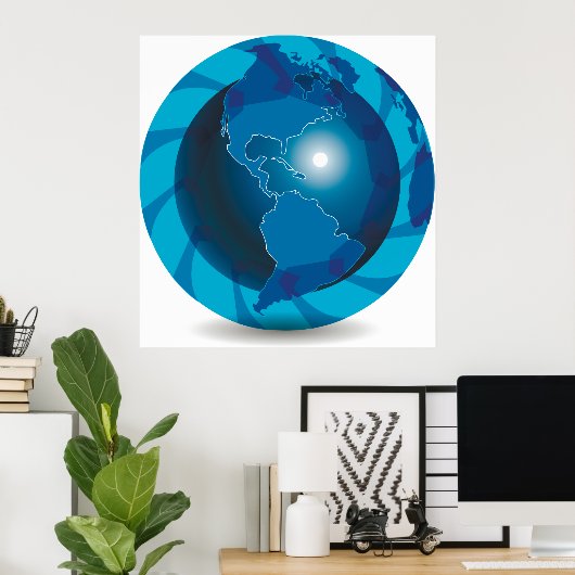Modern Blue Earth Globe World Map ポスター (ホームオフィス)