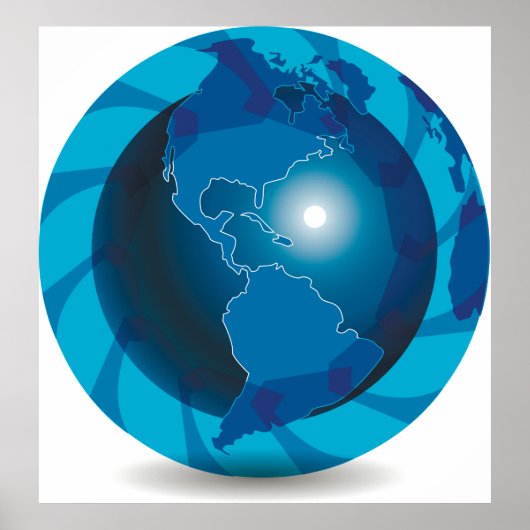 Modern Blue Earth Globe World Map ポスター (正面)