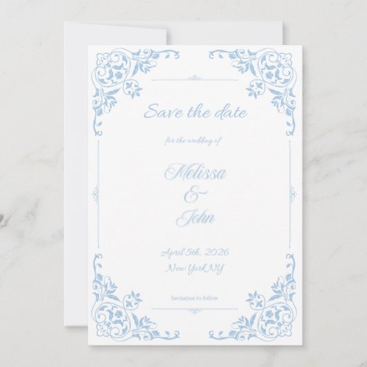 Modern Blue Filigree French Country Save the Date 招待状 (正面)