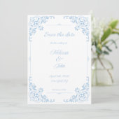 Modern Blue Filigree French Country Save the Date 招待状 (スタンド正面)