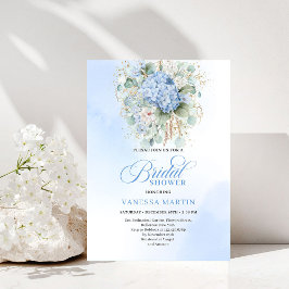 Modern Blue Floral Bridal Shower Gold Invitation 招待状