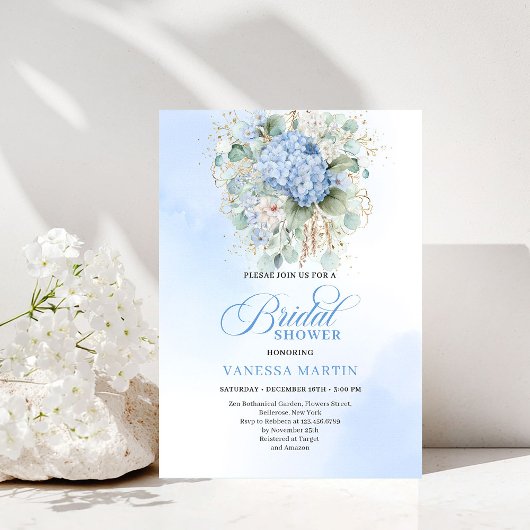Modern Blue Floral Bridal Shower Gold Invitation 招待状