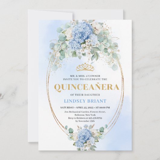 Modern Blue Floral Gold 15th Birthday Invitation 招待状 (正面)