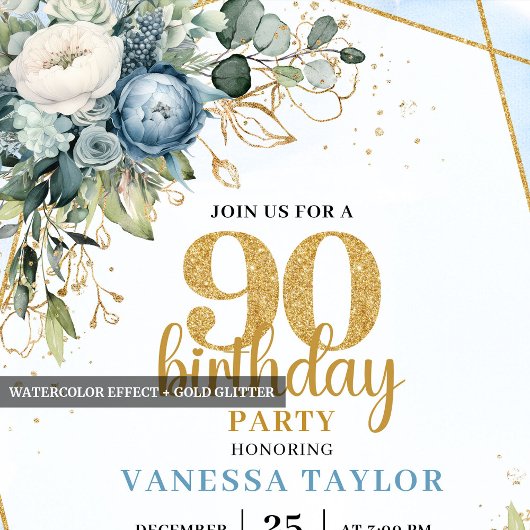Modern Blue Floral Gold Frame 90th Birthday Invite 招待状