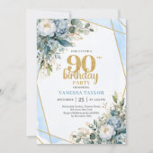 Modern Blue Floral Gold Frame 90th Birthday Invite 招待状 (正面)