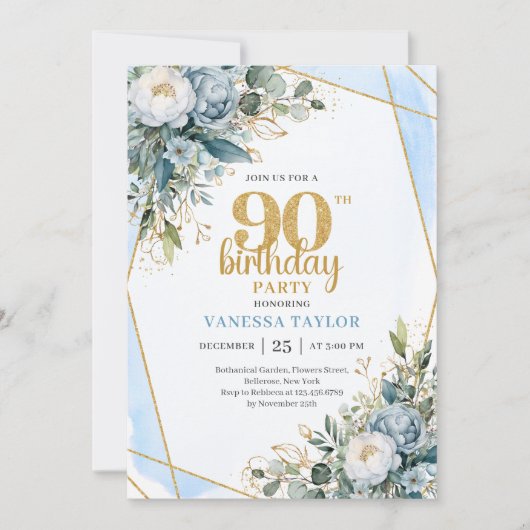 Modern Blue Floral Gold Frame 90th Birthday Invite 招待状 (正面)
