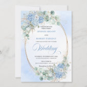 Modern Blue Floral Gold Oval Wedding Invite 招待状 (正面)