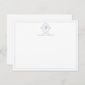 Modern, Blue Floral Oval Monogram Note Card 招待状 (正面/裏面)