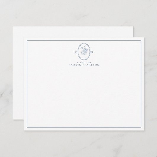 Modern, Blue Floral Oval Monogram Note Card 招待状 (正面/裏面)