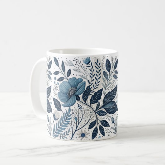 Modern Blue Floral Pattern Mug コーヒーマグカップ (正面左)