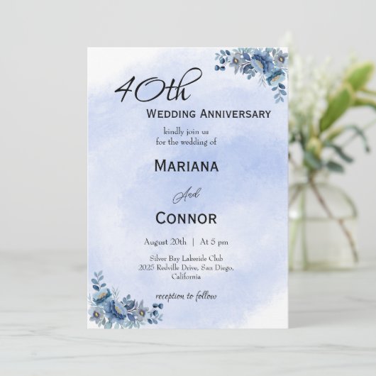 Modern Blue Floral Wedding Anniversary Invitations 招待状 (スタンド正面)