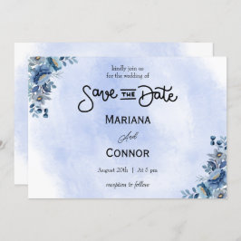 Modern Blue Floral Wedding Save the Date 招待状