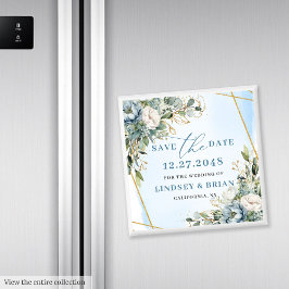 Modern Blue Flowers Gold Glitter Save The Date マグネット