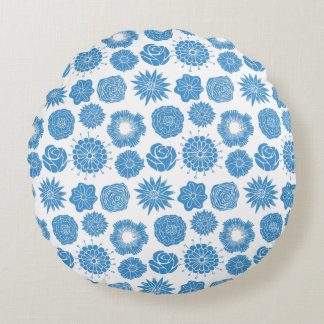 Modern Blue Flowers Stylish Motif Round Pillow ラウンドクッション