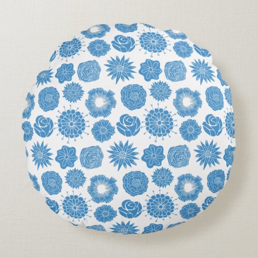 Modern Blue Flowers Stylish Motif Round Pillow ラウンドクッション (正面)