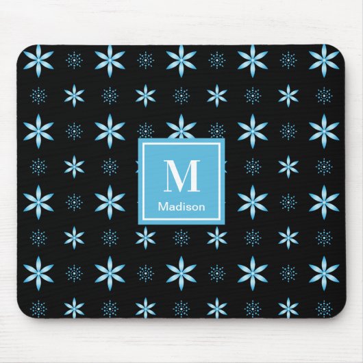 Modern Blue Geometric Floral Monogram Mouse Pad マウスパッド (正面)