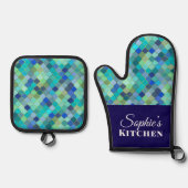 Modern Blue Geometric Personalized 鍋つかみ&鍋敷きセット (正面)