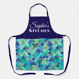 Modern Blue Geometric Personalized Kitchen エプロン