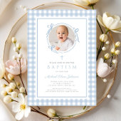 Modern Blue Gingham Bow Photo Boy Baptism 招待状