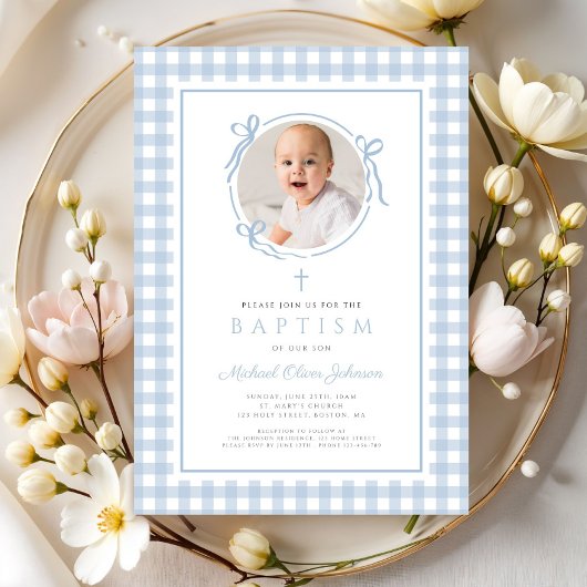 Modern Blue Gingham Bow Photo Boy Baptism 招待状