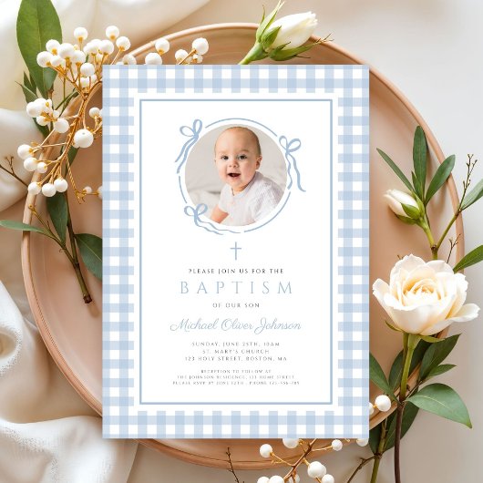 Modern Blue Gingham Bow Photo Boy Baptism 招待状