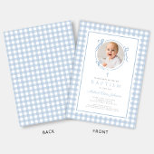 Modern Blue Gingham Bow Photo Boy Baptism 招待状