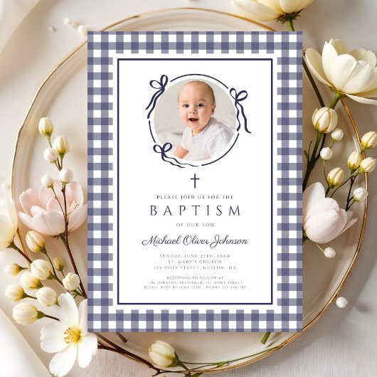Modern Blue Gingham Photo Boy Baptism 招待状