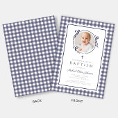 Modern Blue Gingham Photo Boy Baptism 招待状