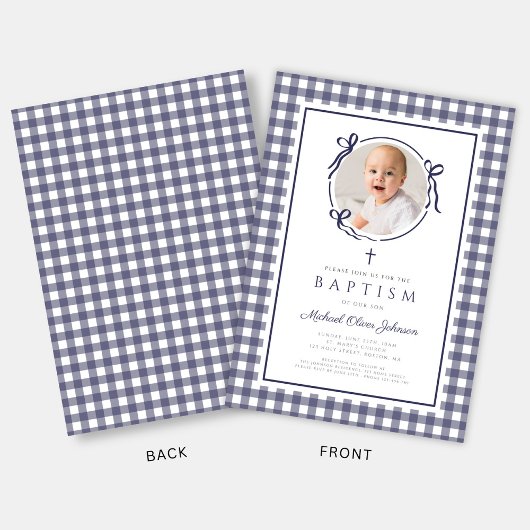 Modern Blue Gingham Photo Boy Baptism 招待状