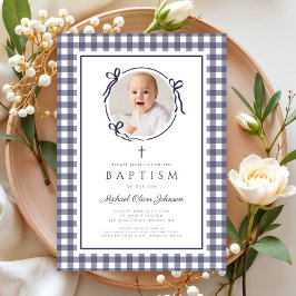 Modern Blue Gingham Photo Boy Baptism 招待状