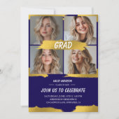 Modern Blue Gold 4Photo Graduation Party  招待状 (正面)