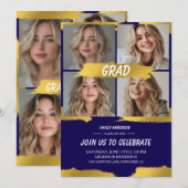 Modern Blue Gold 4Photo Graduation Party  招待状 (正面/裏面)