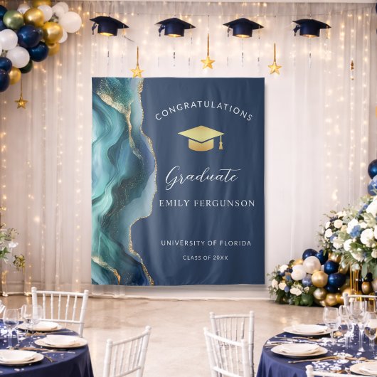 Modern Blue & Gold Agate Graduate Backdrop タペストリー