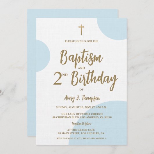 Modern Blue & Gold Baptism and Second Birthday 招待状 (正面/裏面)