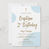 Modern Blue & Gold Baptism and Second Birthday 招待状 (正面)