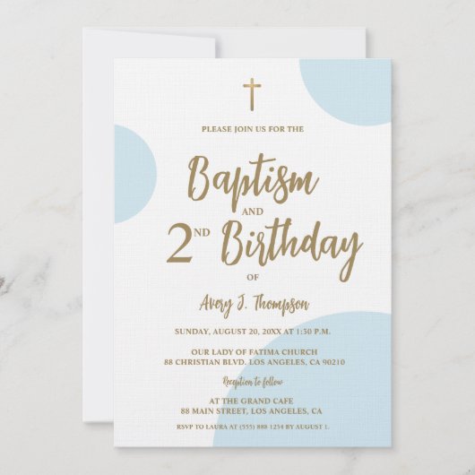 Modern Blue & Gold Baptism and Second Birthday 招待状 (正面)