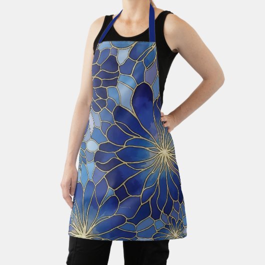 Modern Blue Gold Floral Pattern エプロン (インサイチュ)
