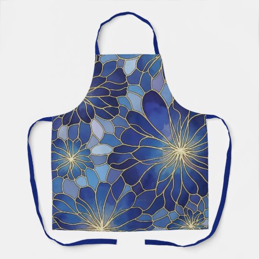 Modern Blue Gold Floral Pattern エプロン (正面)