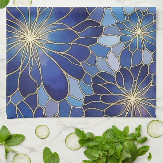 Modern Blue Gold Floral Pattern キッチンタオル (折り畳み)