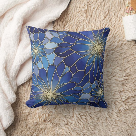 Modern Blue Gold Floral Pattern クッション (ブランケット)