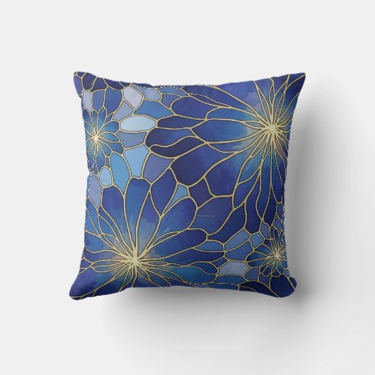 Modern Blue Gold Floral Pattern クッション (裏面)