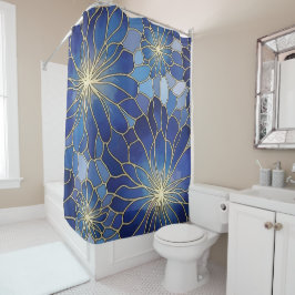 Modern Blue Gold Floral Pattern シャワーカーテン