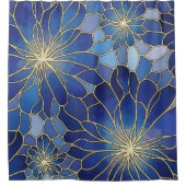 Modern Blue Gold Floral Pattern シャワーカーテン (正面)