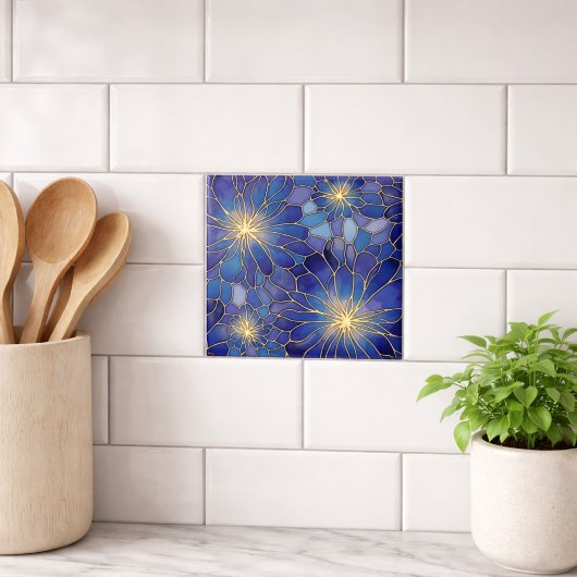 Modern Blue Gold Floral Pattern タイル