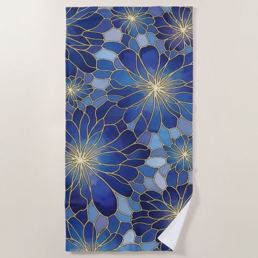 Modern Blue Gold Floral Pattern ビーチタオル (正面)