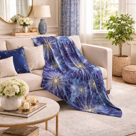 Modern Blue Gold Floral Pattern フリースブランケット