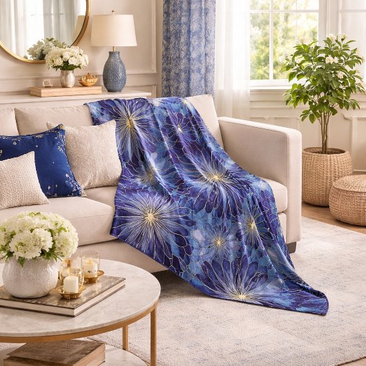 Modern Blue Gold Floral Pattern フリースブランケット