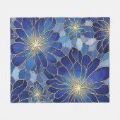 Modern Blue Gold Floral Pattern フリースブランケット (正面(横))