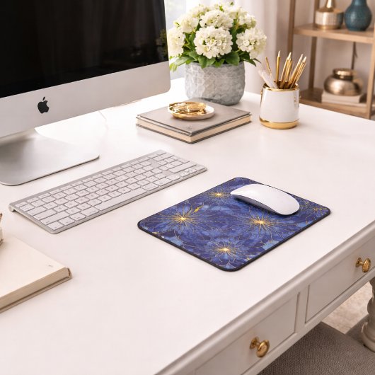 Modern Blue Gold Floral Pattern マウスパッド