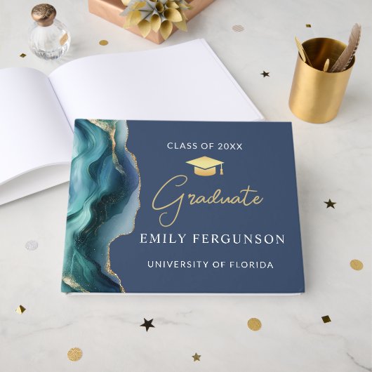 Modern Blue & Gold Graduation Gift ゲストブック (正面見開き)